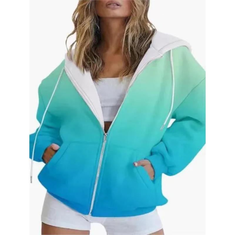 Sweat à capuche zippé manches longues décontracté pour femme Nouveaux hauts automne Dégradé Impression 3D Lâche Mode Sweat à capuche de sport Manteau femme