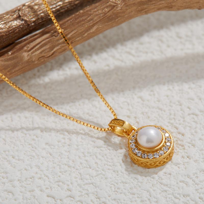 S925 Sterling Silver Ancient Gold Craft Zircon And Pearl Necklace Women'S Luxury Atmospheric Pendant