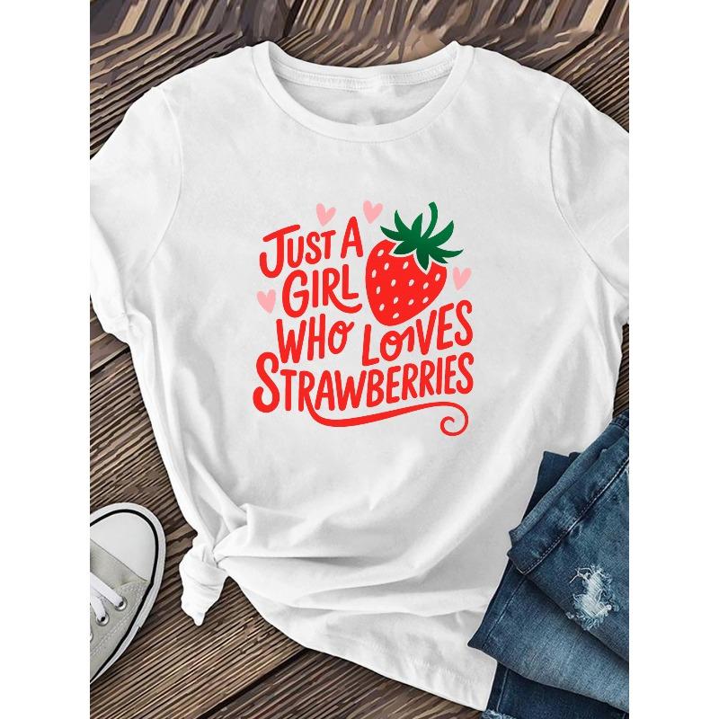 Women's Strawberry Print Short-Sleeve T-Shirt - Soft Breathable Summer Blouse with Strawberry Graphic, Casual Round Neck T-Shirt Suitable for Spring