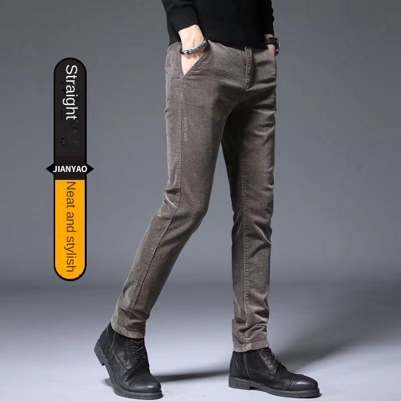 Autumn Winter Men's Corduroy Stretch Casual Slim Straight Velvet Thicken Men's Trousers Youth Pants