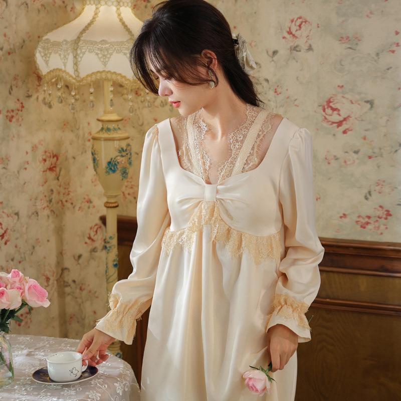 Long-sleeved nightgown women's spring simulation silk court retro style lace ice silk pajamas chest pad can be worn outside loungewear autumn and wint