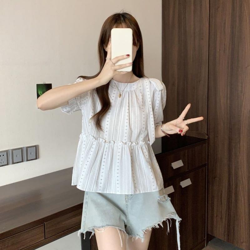 Women's Striped Shirt Round Neck Bow Design Waist Cinching Ladies Blouse Summer Casual Fashionable Famale Pullover Top