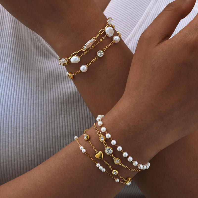 Pearl With Zirconia Beaded Bracelets for Women, Link Chain Bracelet,18k Gold Plated Stack Adjustable Jewelry