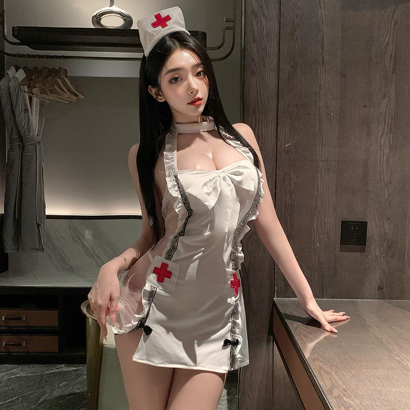 Lingerie Suspender Lace Perspective Nurse Hot Sexy Passion Bed Bow
