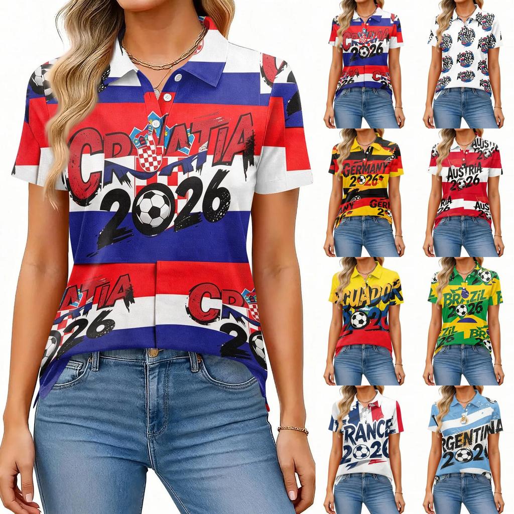 Women's Casual Button Front Short Sleeve Polo Shirt with Soccer Graphic Print and Fold Over Collar for Everyday Wear