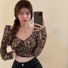 Women T-Shirts Square Neck Slim Fit Basic Layering Crop Top Pullover Leopard Print Long Sleeves Sexy T Shirt