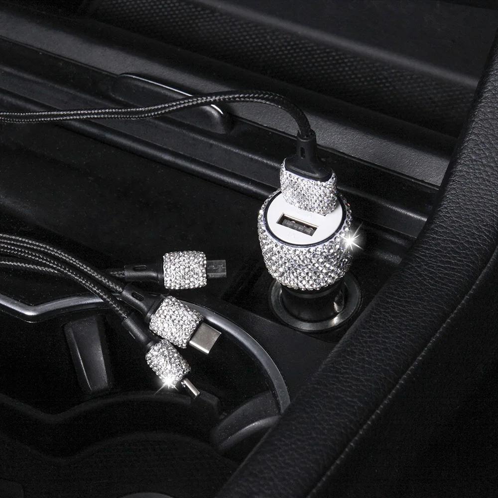 USB Car Charger Pink Crystal Diamond 5V 2.1A Dual Port Fast Charging Adapter 3 in 1 Charging Cable for IPhone Samsung Huawei