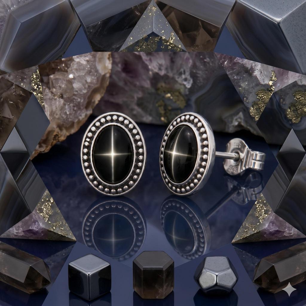 4 Ray Black Star Sapphire Stud Earring, Oval-Shaped Gemstone, 925 Sterling Silver, Flash Light Star Sapphire, Unique Stud Earring