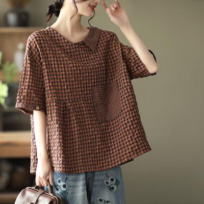 Mode Baumwolle Leinen T Shirt Frauen Halb Revers Kurzarm Sommer Trend Vintage Tasche Große Größe Lose Plaid