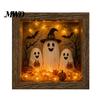 Wood Glass Picture Frame Halloween Shadow Box DIY Lighted Craft Kit, Wooden Night Light with Gothic Style Lamp Sea Stones, LED Memory Display Case for