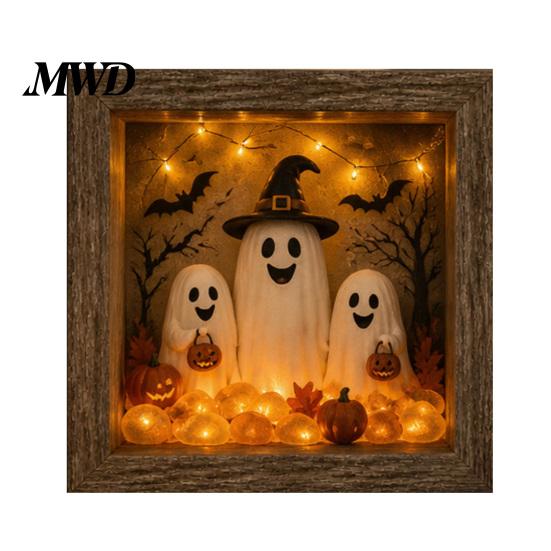 Wood Glass Picture Frame Halloween Shadow Box DIY Lighted Craft Kit, Wooden Night Light with Gothic Style Lamp Sea Stones, LED Memory Display Case for