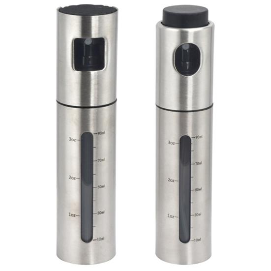 Kitchen Oil Spray Bottle Stainless Steel with Scale Mark, 100ml Press Type Atomized Precise Control Tool Dispenser for BBQ Baking, Rust Resistant Fine