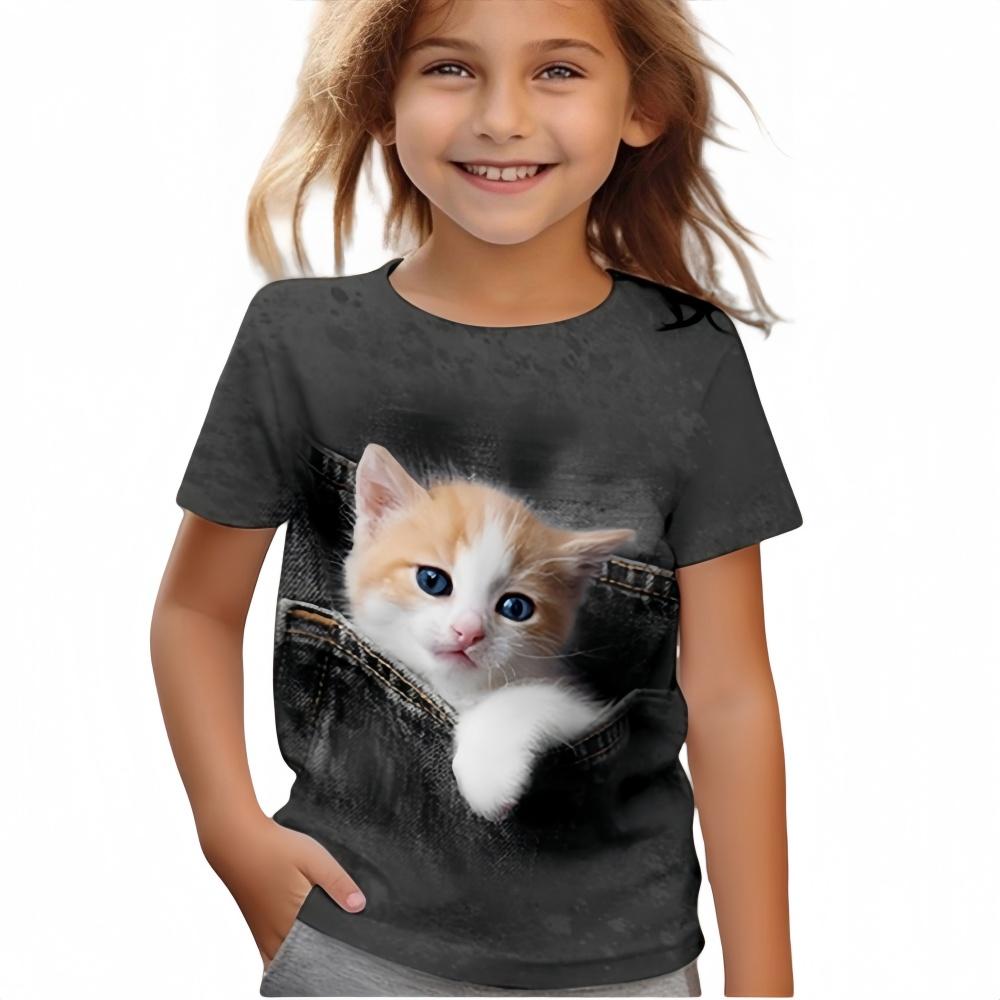 2025 New Girl's T-shirt Fashion Dolphin Children's Clothing Summer Girl's Clothing Cartoon Top Cute Cat Printed T-shirt Children's Clothing