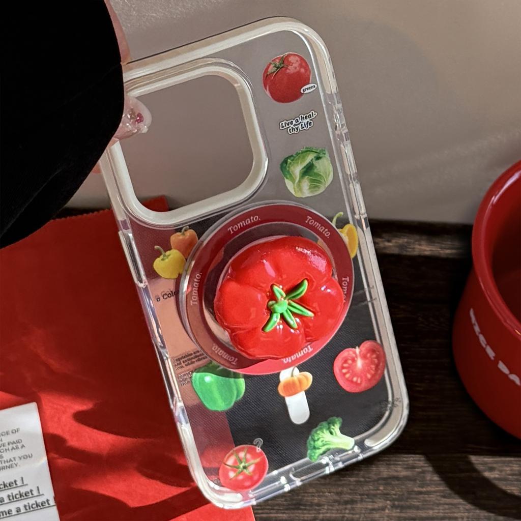 3D Tomato Vegetable Magnetic Stand Case for iPhone 16 Pro Max, 17, 13, 15, High-end Transparent