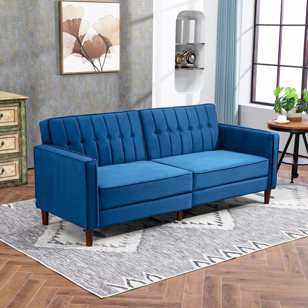 Velvet Feel Three Seater Sofa Bed Blue