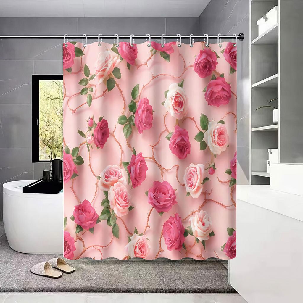 1pc Pink Rose Printed Waterproof Shower Curtain Partition Privacy Hanging Curtain with 12 Hooks Available in Multiple Sizes