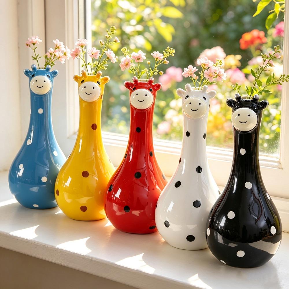 Hand Painted Cartoon Giraffe Resin Vase Novelty Giraffe Flower Container  Desktop Decor