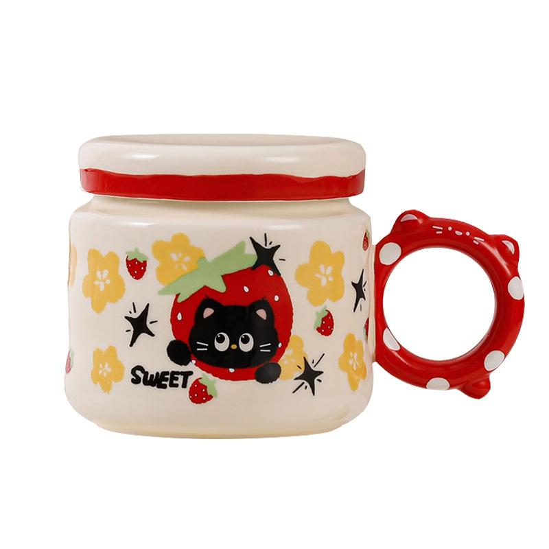 Cartoon Fruit Black Cat Ceramic Cup with Lid Cute Animal Household Mug Breakfast Milk Oatmeal Cup Souvenir