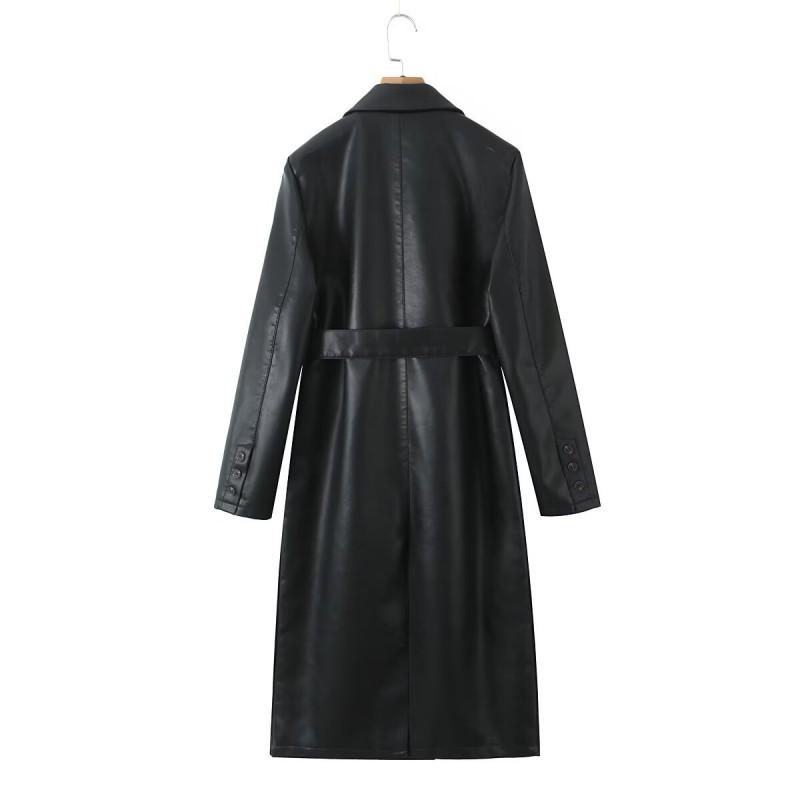 Womens Long PU Leather Trench Coat Winter Casual Chic Oversized Outerwear Black Brown