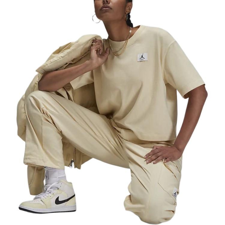Jordan Essentials Logo Loose Fit Round Neck Short Sleeve Drop Shoulder T-Shirt Women Tops Beige DO5038-234