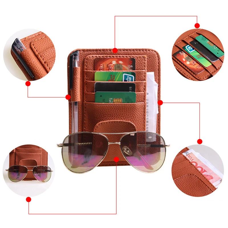 Car Sun Visor Organizer Leather Sunglasses Holder Multi-Pocket Car Document Storage Pouch Pen Holder Auto Interior Accessories