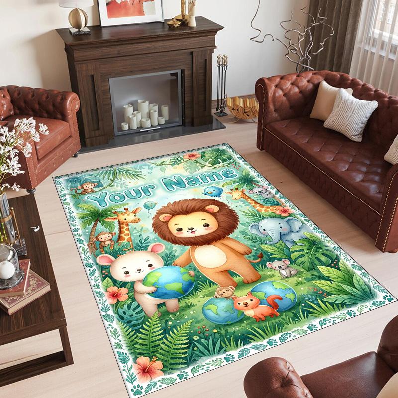 Animals Theme Crystal Velvet Floor Rug Personalized Custom Name Text Warm Carpet Home Decoration