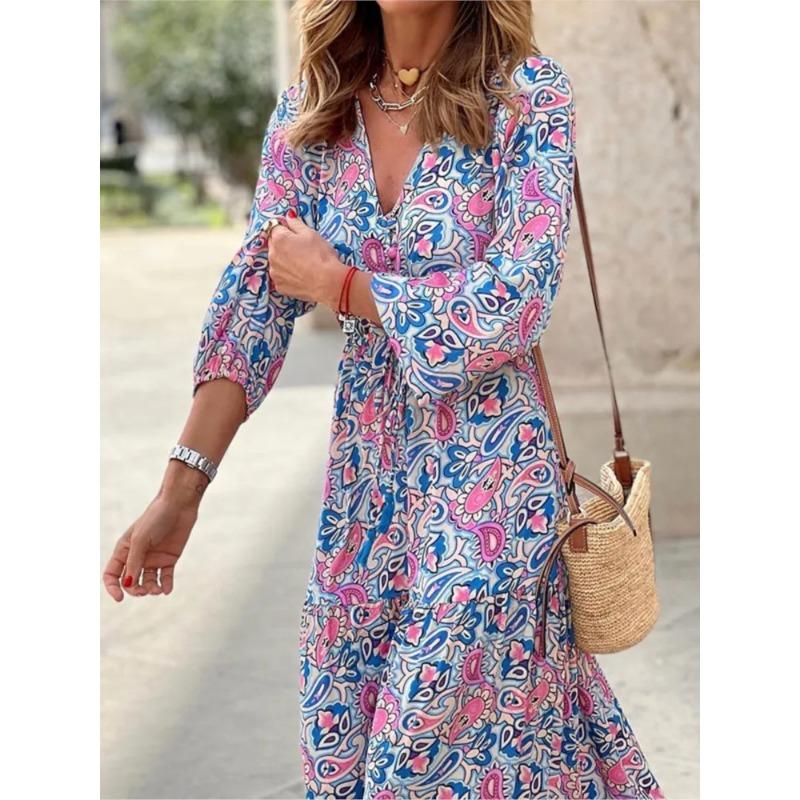Women's Autumn New Fashionable Printed Sexy V-neck Long Sleeve High Waist Elastic Waist Medium Length Bohemian Dress