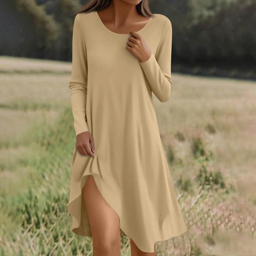 Long  Sleeve Dress For Women Casual Loose Fit Solid Dress With Pockets