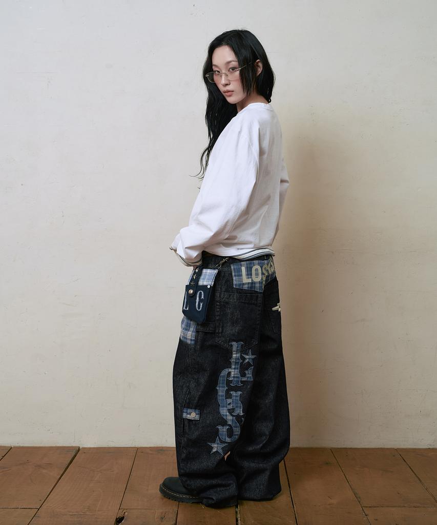 Lujeoseukeulleob Check Patch Wide Cotton Pants Indigo