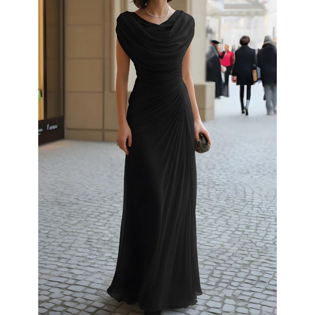 Dámské maxi šaty bez rukávů s rolákovým výstřihem, úzký střih, elegantní, řasené, formální večerní šaty