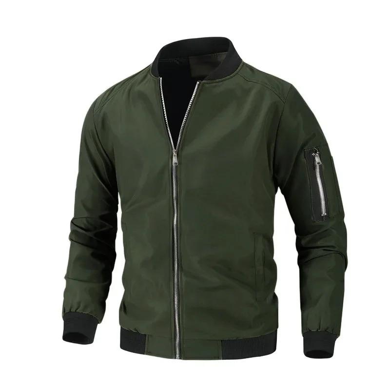Urban Streetwear Wind-Resistant Bomber Jacket for Men - Durable Full-Zip Ribbed Cuffs & Hem with Sleeve Pocket Casual Outerwear in Solid Colors