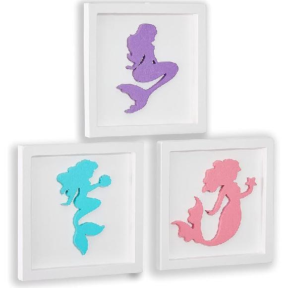Purple Aqua Pink Nursery Decor Set - 3D Mermaid Wooden Framed Wall Art, Hanging Decor for Girls Bedroom, Bathroom Accessories, Little Mermaid Gift Mermaids