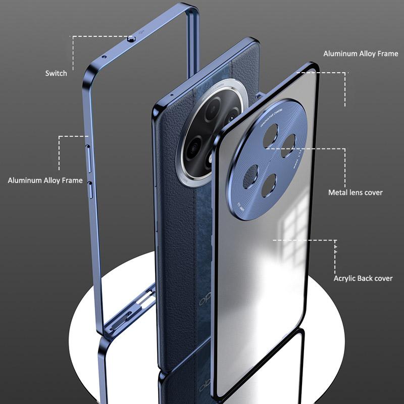 Elastic Snap Magnetic Metal Bumper Frame Case for Oppo A3 Pro / K12 Clear Frosted PC Lens Protector Back Cover