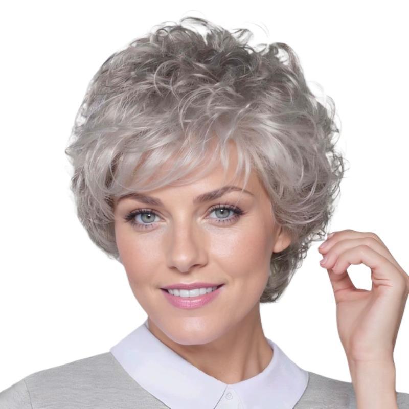 Women’s Short Curly Wig with Side Bangs Fluffy Gray-White Heat-resistant Synthetic Hairpiece