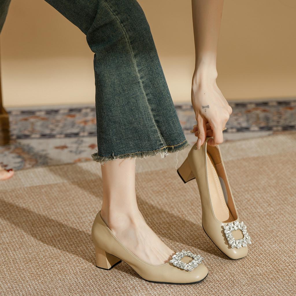Leather square head soft leather light mouth square buckle rhinestone high heels women's work shoes professional fashion versatile thick low heel sin