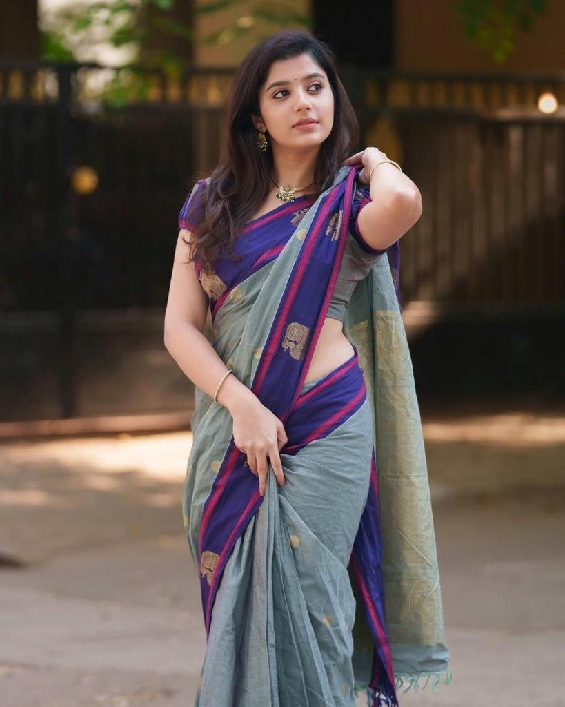 Banarasi Soft Silk Saree Grey Royal Blue 5.5 Meter Unstitched Blouse Piece