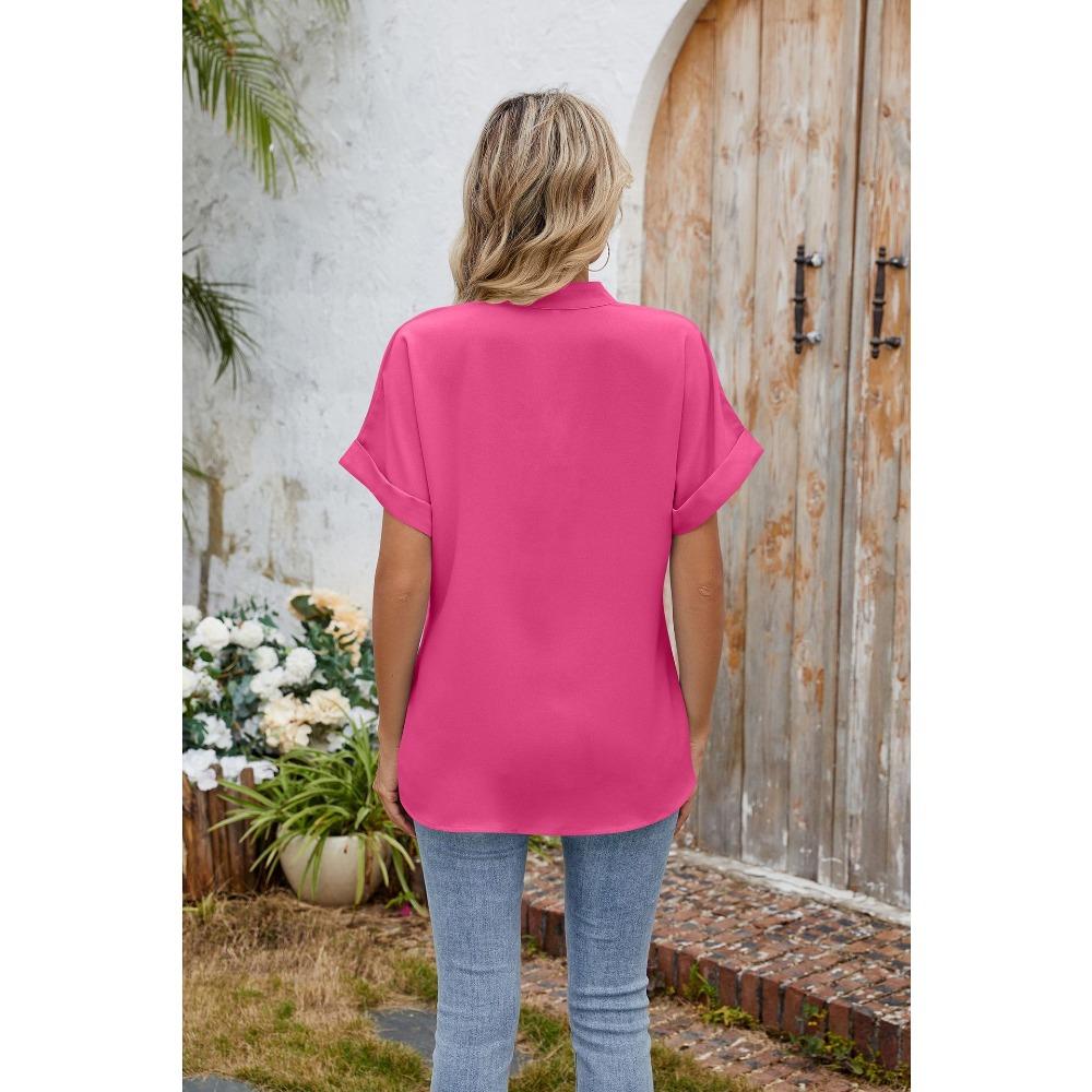 Sommer Neue Einfarbig V-ausschnitt Lose Kurzarm Button-Down Chiffon Hemd