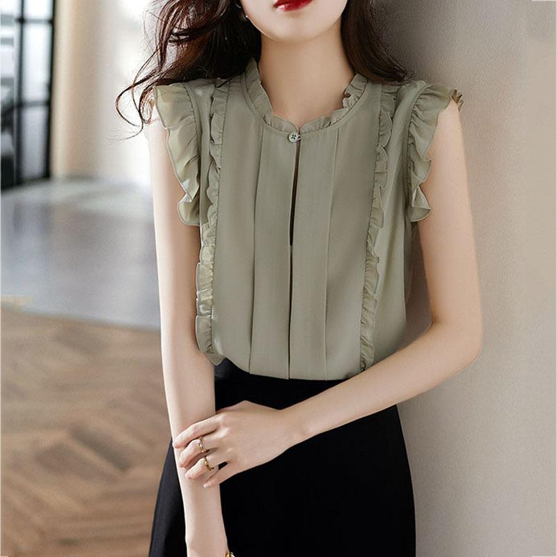 Ladies Summer French Sleeveless Top Thin Elegant Chiffon Printed Top