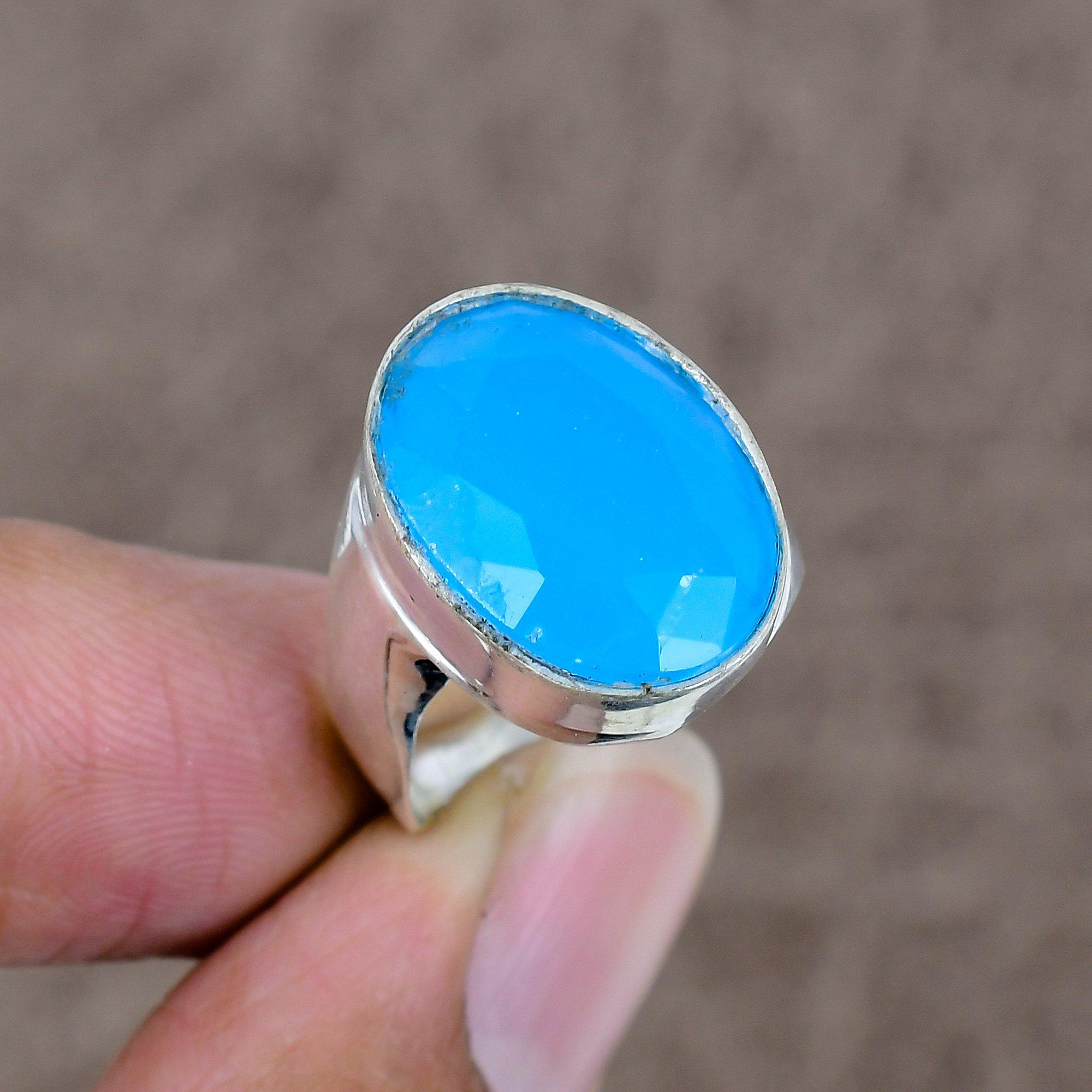 

Blue Chalcedony Genstone Handmade 925 Sterling Silver Jewelry Ring Size 8 KKG-540