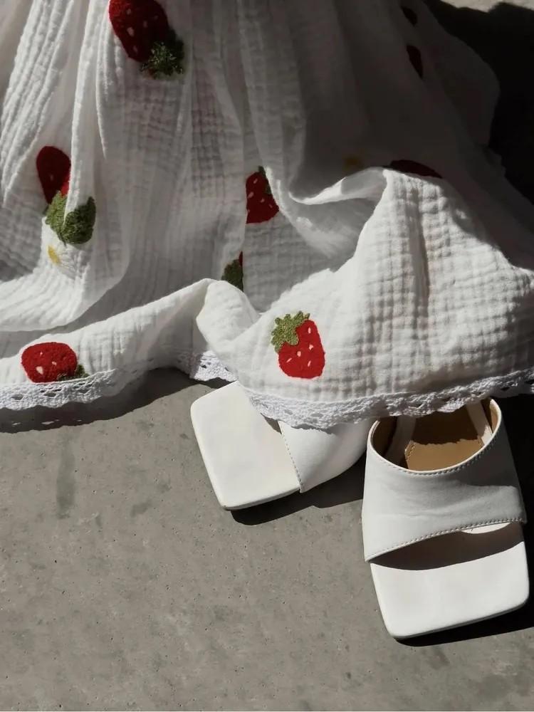 Fashionable Cotton And Linen Style Ruffled Strawberry Print Short Skirt Suit Home Wear