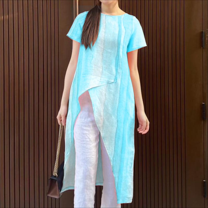 

ZANZEA Женские летние топы с принтом, повседневные, с коротким рукавом, с неровным подолом, длинные 3XL синий