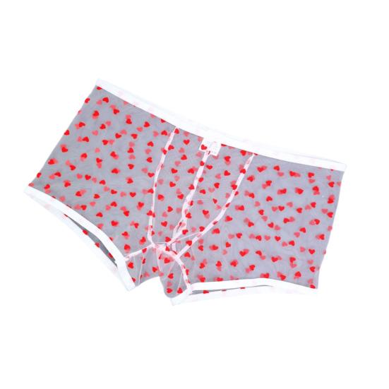 Men Boxer Underwear Elastic Mid-rise Perspective Hollow Mesh Design Boxer Briefs Heart Pattern Underwear Anniversary Gift