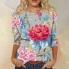 Women's Fashion Casual Round Neck Three-quarter Sleeve Retro Floral Print T-shirt Top