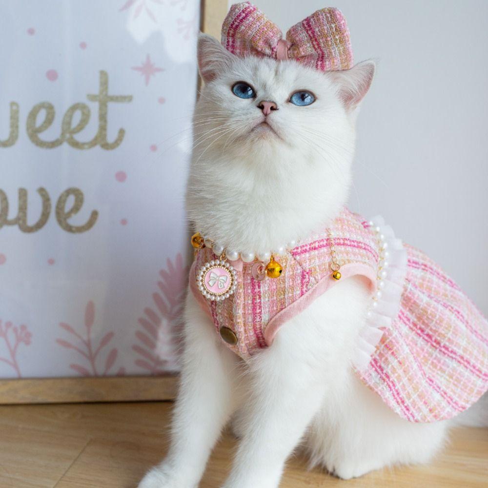 Pet Supplies Cute Puppy Plaid Dress Soft Breathable Cat Bow Pearl Coat Thin Design Dog Vest Autumn Winter