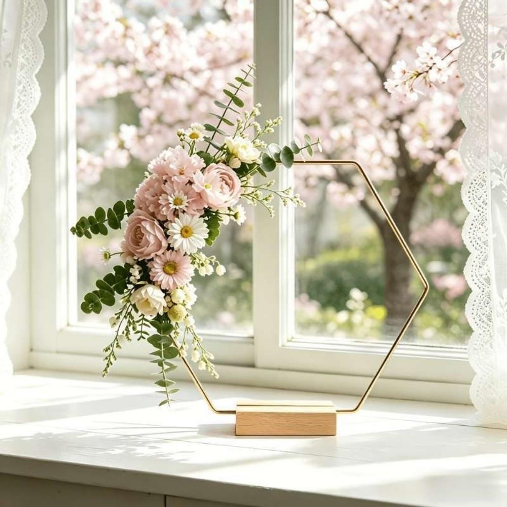 Moon Shape Floral Garland Wooden Base Metal Hoop Centerpiece  Valentines Day