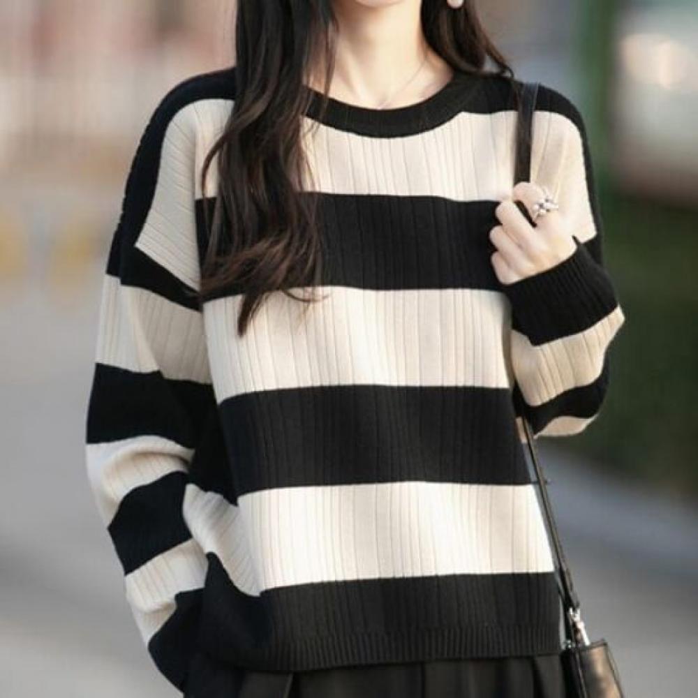 Navava Women Striped Color Block Ribbed Long Sleeve Knit Tee Round Neck Nk3359