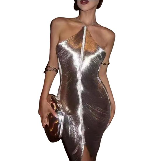 Women Party Dress Glossy Tassel Halter Neck Backless Sleeveless Split Hem Solid Color Slim Fit Off Shoulder Club Party Banquet Mini Dress