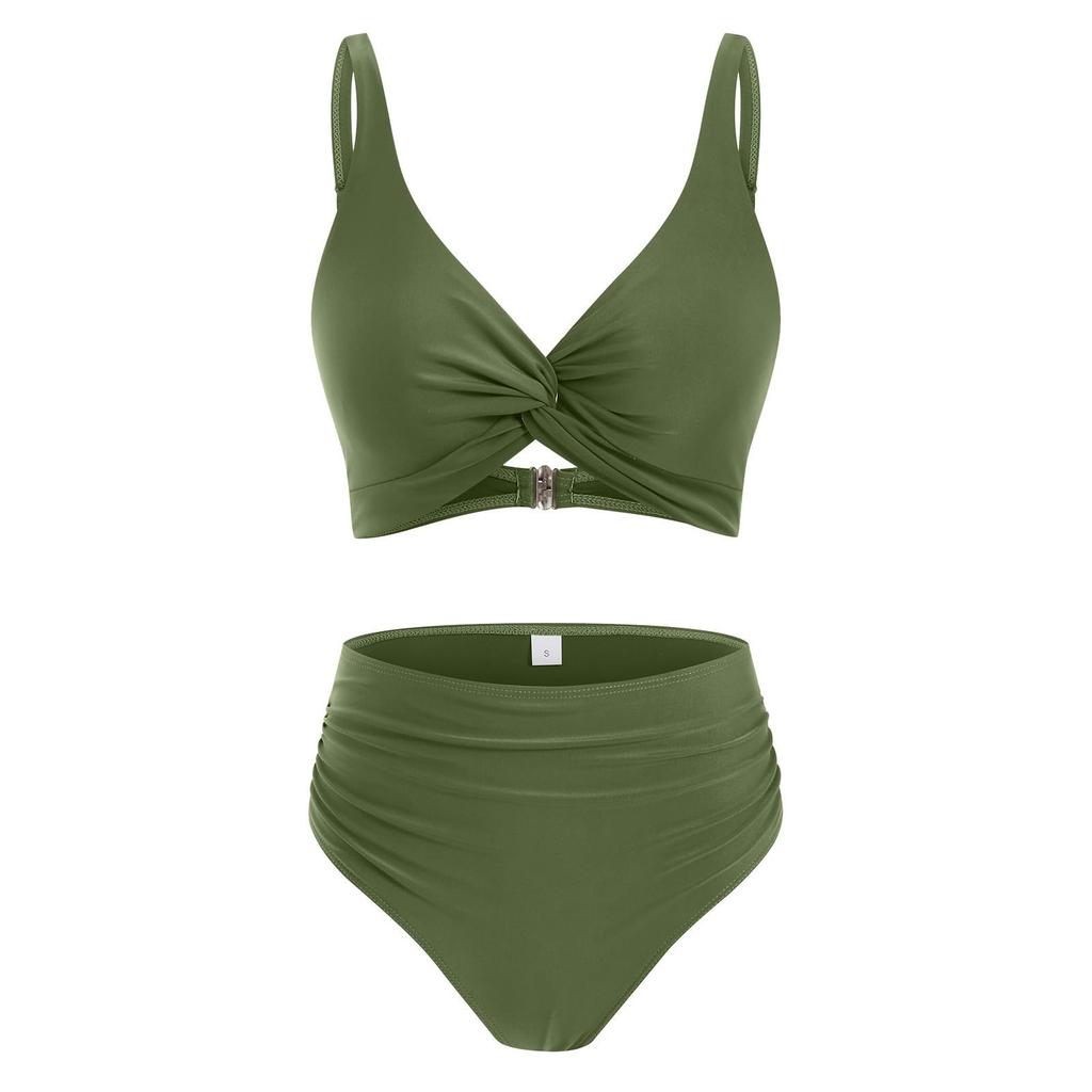 Women’s High Waist Bikini Set with Front V Neck Top and Ruched Bottoms Two Piece Swimsuit for Beach Pool Swimwear