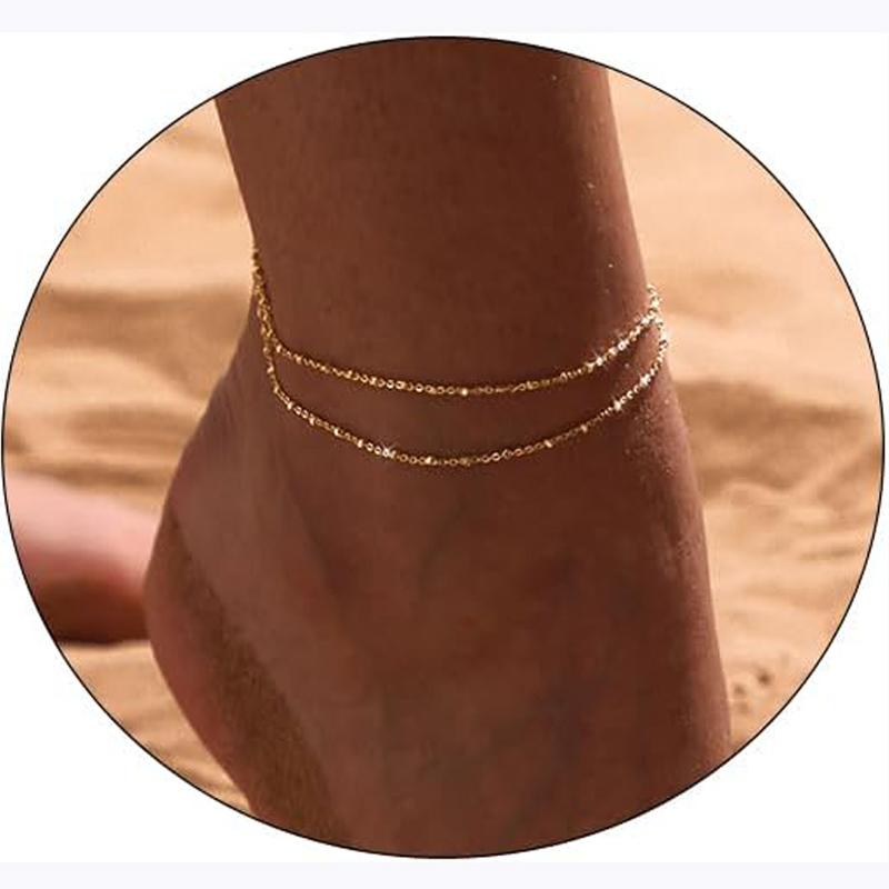 Wasserdichte Fußkettchen für Damen, 14K Gold Silber plattiert, mehrlagige Perlen Fußkettchen Armbänder für Damen Mädchen Sommer Schmuck Geschenke