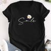 Blumen- & Buchstaben-Print Rundhals-T-Shirt Lässiges Kurzarm-T-Shirt für Sommer Damenbekleidung Bequeme Weiche Kreative Oberteile